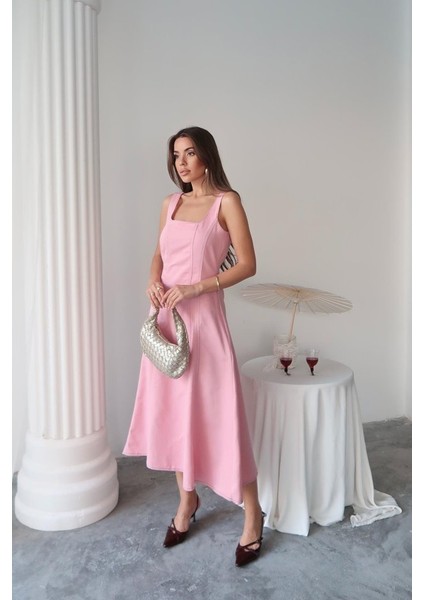 Pembe Çift Dikişli Gabardin Elbise modelleri