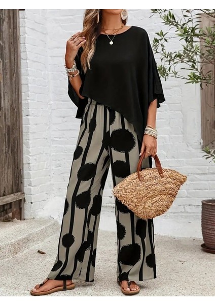 Kadın Truvakar Kol Bisiklet Yaka Asimetrik Dikişsiz Sandy Pelerin Bluz ve Desenli Pantolon Ikili Takım
