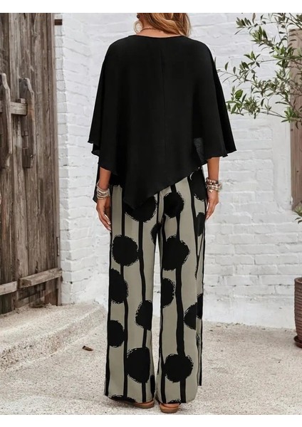 Kadın Truvakar Kol Bisiklet Yaka Asimetrik Dikişsiz Sandy Pelerin Bluz ve Desenli Pantolon Ikili Takım fiyatları