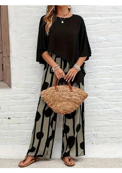 Kadın Truvakar Kol Bisiklet Yaka Asimetrik Dikişsiz Sandy Pelerin Bluz ve Desenli Pantolon Ikili Takım modelleri