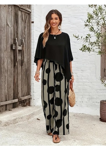 Kadın Truvakar Kol Bisiklet Yaka Asimetrik Dikişsiz Sandy Pelerin Bluz ve Desenli Pantolon Ikili Takım fırsatları