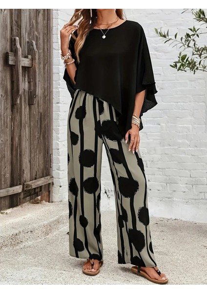 Kadın Truvakar Kol Bisiklet Yaka Asimetrik Dikişsiz Sandy Pelerin Bluz ve Desenli Pantolon Ikili Takım indirimleri