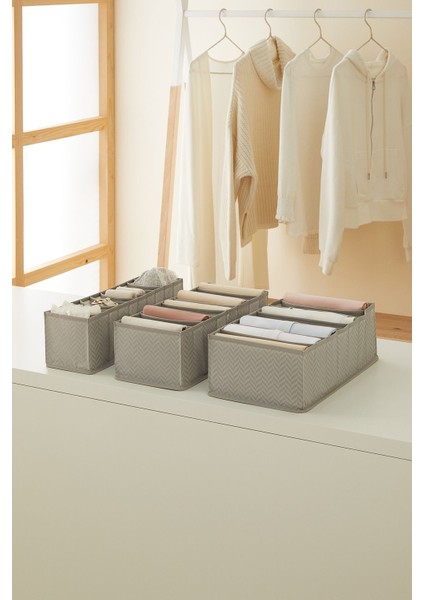 3'lü Gri Kumaş Dolap Çekmecesi Seti, Akordiyon Katlanabilir, 11x12 cm