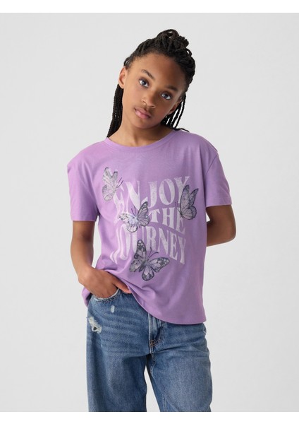Kız Çocuk Lila Pullu Sequin Grafikli T-Shirt