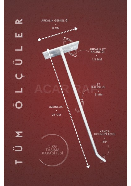 Gri Metal Duvar Kancası, 10 Adet, 25 cm, Monte Askı Çubuğu modelleri