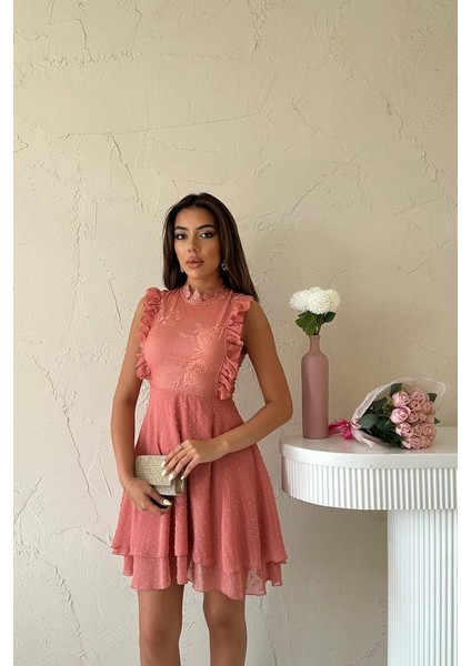 Pudra Çiçek Desenli Elbise