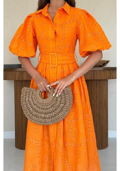 Oranj Pileli Balkon Elbise