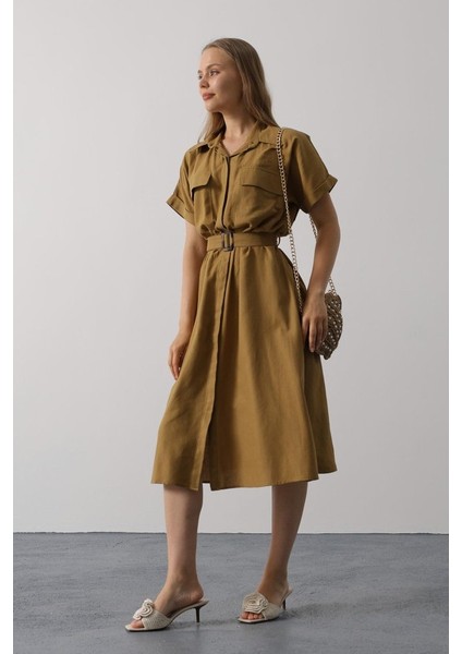 Kuşaklı Cep Detaylı Yarım Kol Elbise - Yağ Yeşili modelleri