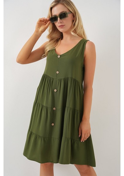 Sıfır Kol Düğmeli Kısa Elbise 2571 - Haki