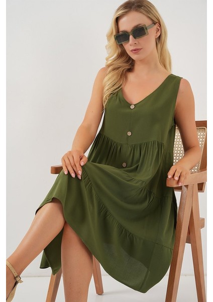 Sıfır Kol Düğmeli Kısa Elbise 2571 - Haki fiyatları