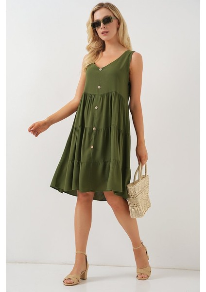 Sıfır Kol Düğmeli Kısa Elbise 2571 - Haki modelleri