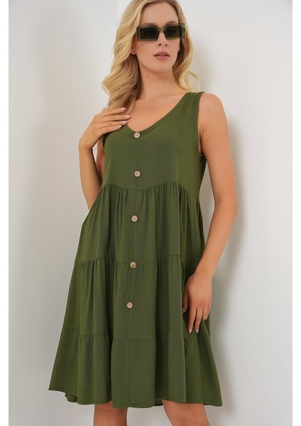 Sıfır Kol Düğmeli Kısa Elbise 2571 - Haki fırsatları