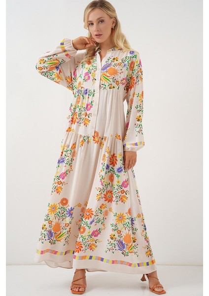 2423 Otantik Desenli Tesettür Elbise - B. Turuncu modelleri