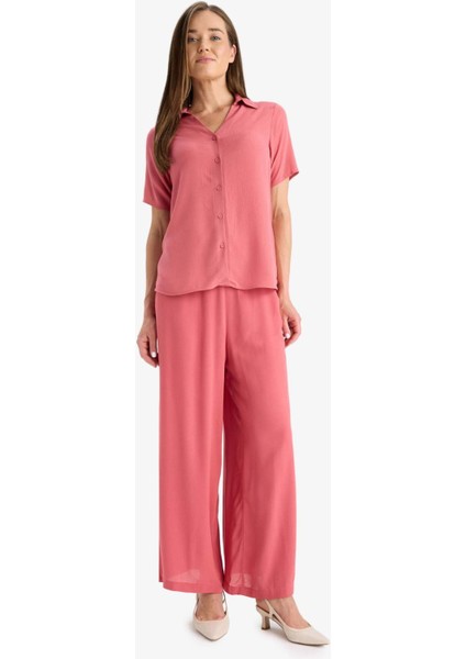 Regular Fit Kaçık Yaka Krinkıl Viskon Kısa Kollu Gömlek F5835AX25SM