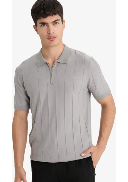 Standart Fit Polo Yaka Yarım Fermuarlı Triko Kısa Kollu Tişört F1945AX25SM