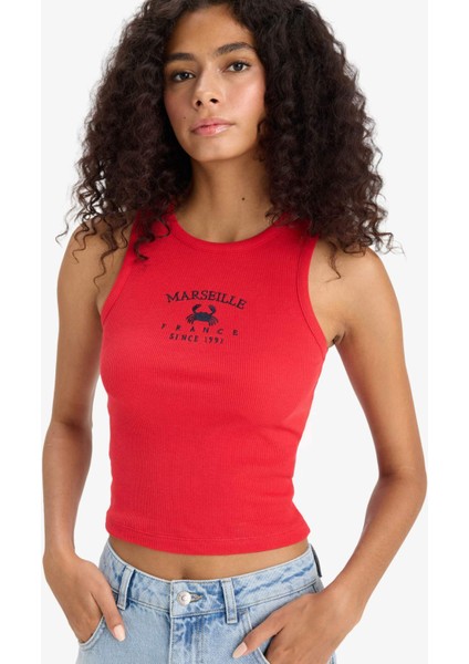 Slim Fit Dar Kesim Baskılı Halter Yaka Fitilli Kaşkorse Atlet F6238AX25HS