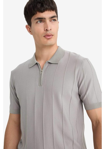 Standart Fit Polo Yaka Yarım Fermuarlı Triko Kısa Kollu Tişört F1945AX25SM fırsatları