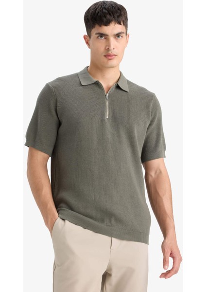 %100 Pamuk Standart Fit Yarım Fermuarlı Kısa Kollu Triko Polo Tişört E5862AX25SM modelleri