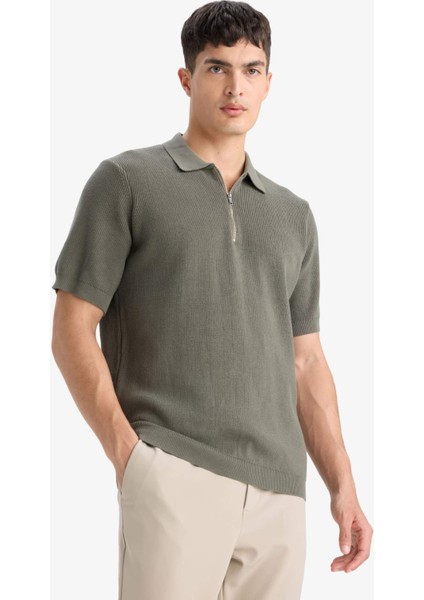 %100 Pamuk Standart Fit Yarım Fermuarlı Kısa Kollu Triko Polo Tişört E5862AX25SM fırsatları