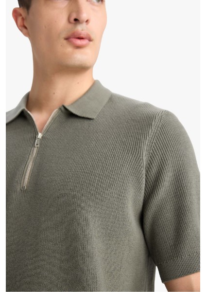 %100 Pamuk Standart Fit Yarım Fermuarlı Kısa Kollu Triko Polo Tişört E5862AX25SM indirimleri