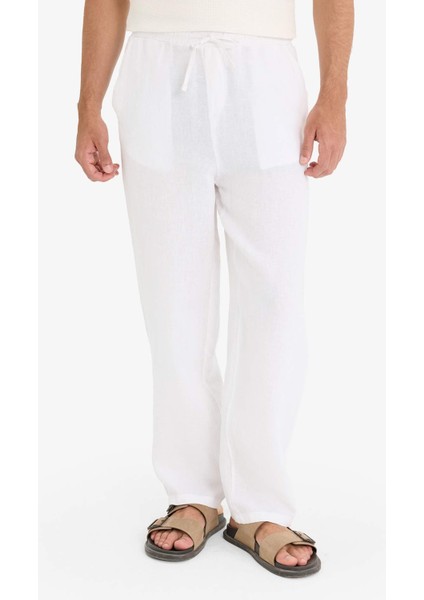%100 Keten Relax Fit Üç Cepli Geniş Paça Pantolon F4601AX25HS
