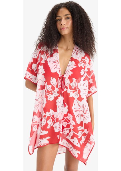 Regular Fit Tropikal Desenli Şifon Plaj Kimono-Fall in Love E8221AX25SP