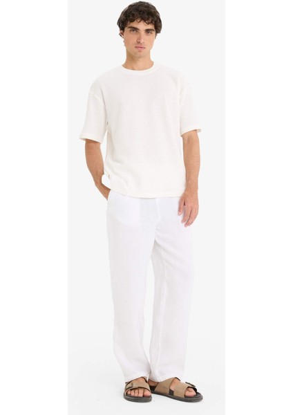%100 Keten Relax Fit Üç Cepli Geniş Paça Pantolon F4601AX25HS