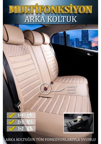 Peugeot Rifter 2019-2023 Uyumlu 3 Tekli Lüx Deri Oto Koltuk Kılıfı Ön Arka Takım Safir Bej