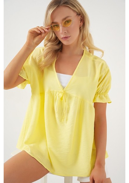 Önü Bağcıklı Kısa Kol Bluz 962 - Sarı