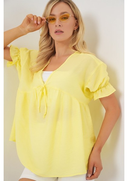 Önü Bağcıklı Kısa Kol Bluz 962 - Sarı fırsatları