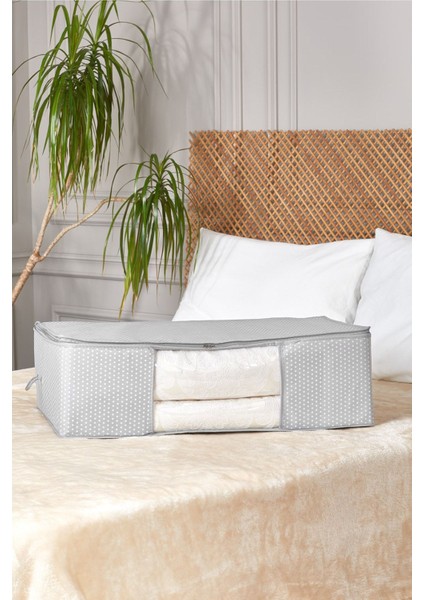 Gri Benekli Pencereli Mega Boy Baza Altı Hurç 74x46x22 cm, Nefes Alabilen Kumaş