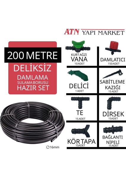 200 Metre 16MM Deliksiz Damlama Sulama Borusu Hortumu Seti - Hazır Kurulum Bahçe ve Tarla Sulama