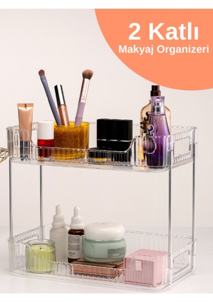 İki Katlı Şeffaf Kristal Makyaj ve Takı Organizeri, 6 Parça, Akrilik, Beyaz