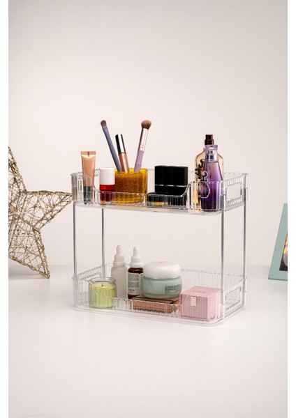 İki Katlı Şeffaf Kristal Makyaj ve Takı Organizeri, 6 Parça, Akrilik, Beyaz fırsatları