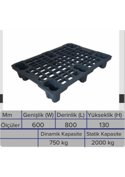 60x80 cm Siyah Hafif ve Dayanıklı Plastik Palet Depolama Çözümü