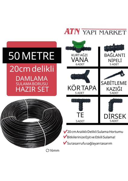 50 Metre 20CM Delikli Damlama Sulama Borusu Hortumu Seti – 16MM Bahçe Sulama Kiti Ek Parçalar