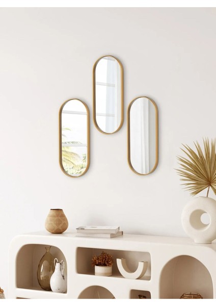 3'lü Oval Ayna Duvar Aksesuarı - Çok Amaçlı Sunumluk, 12x30 cm, Turuncu indirimleri