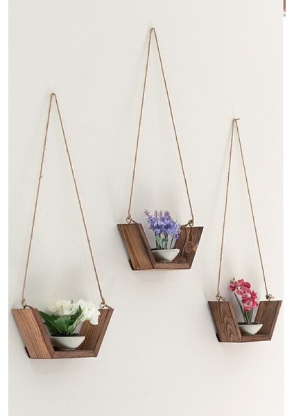 Şık 3'lü Ahşap Duvar Rafı, Sandal ve Çiçeklik, Doğa Temalı Kahverengi Tasarım