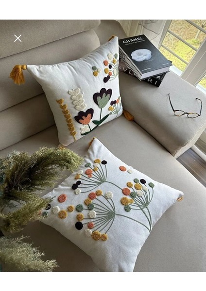 2'li Nakışlı Kırlent Kılıfı Ekru, Krem, Hardal, Sarı, Yeşil, Somon Renkler