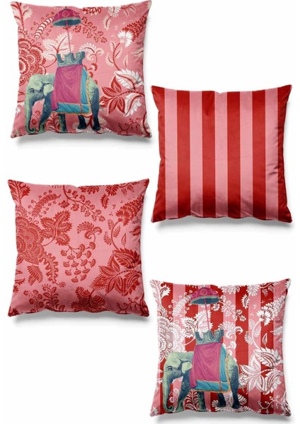 Çift Taraflı Hint Fili Desenli Süet Kırlent Kılıfı 4'lü Pembe