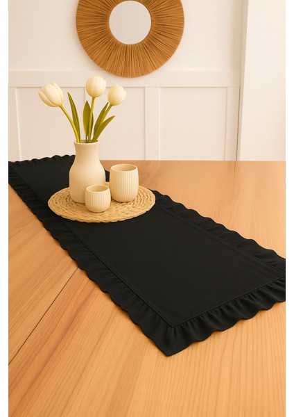 Şık siyah fırfırlı keten runner, 40x150 cm, modern ve zarif dekorasyon parçası