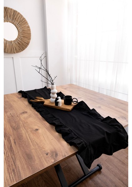 Şık siyah fırfırlı keten runner, 40x150 cm, modern ve zarif dekorasyon parçası fırsatları