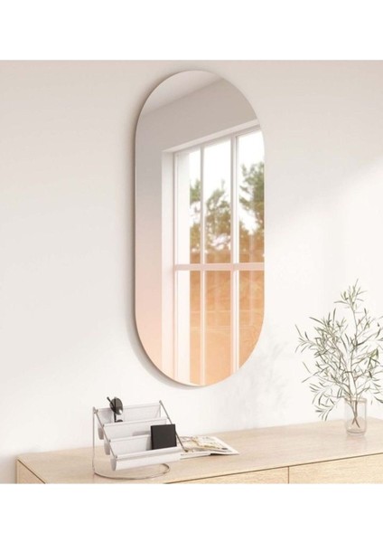 60x100 cm modern elips aynası, şeffaf cam, kahverengi detay, geniş ve şık tasarım