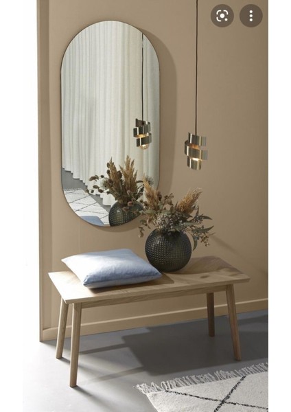60x100 cm modern elips aynası, şeffaf cam, kahverengi detay, geniş ve şık tasarım