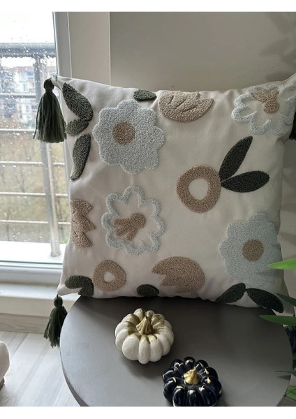 Yeşil krem bej şık ve rahat kırlent kılıfı, polyester, dekorasyon aksesuarı