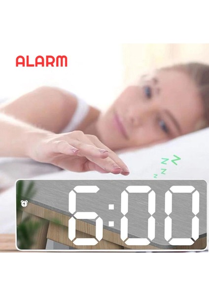 Aynalı Alarm Saat Takvimli Termometre LED Dijital Modern Masa Saati