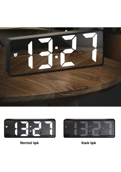 Aynalı Alarm Saat Takvimli Termometre LED Dijital Modern Masa Saati