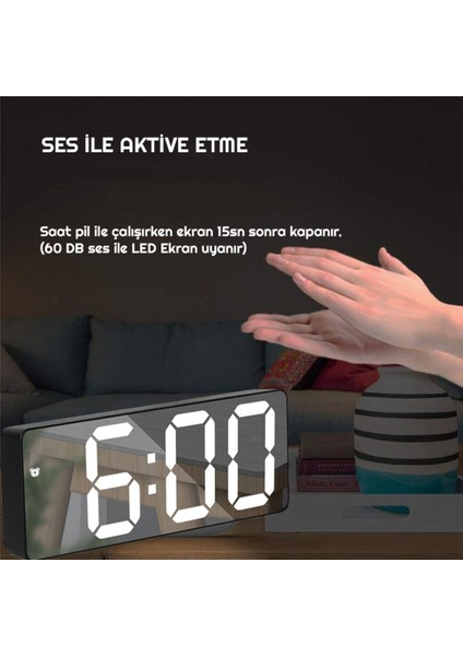 Aynalı Alarm Saat Takvimli Termometre LED Dijital Modern Masa Saati