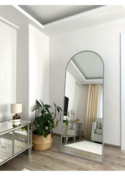 Gri Metal Çerçeveli Oval Ayaklı Büyük Boy Ayna 180x70 Cm
