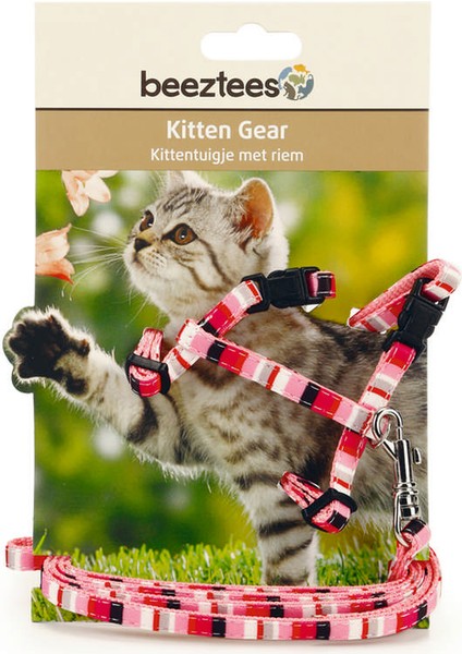 Yavru Kedi Göğüs Tasması ve Gezdirme Kayışı, 120CM, Pembe, 15-33CM Drstr